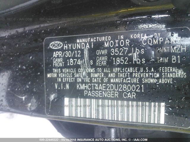 KMHCT4AE2DU280021 - 2013 HYUNDAI ACCENT GLS/GS BLACK photo 9