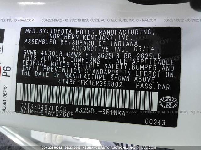 4T4BF1FK1ER399802 - 2014 TOYOTA CAMRY L/SE/LE/XLE 白色 照片 9