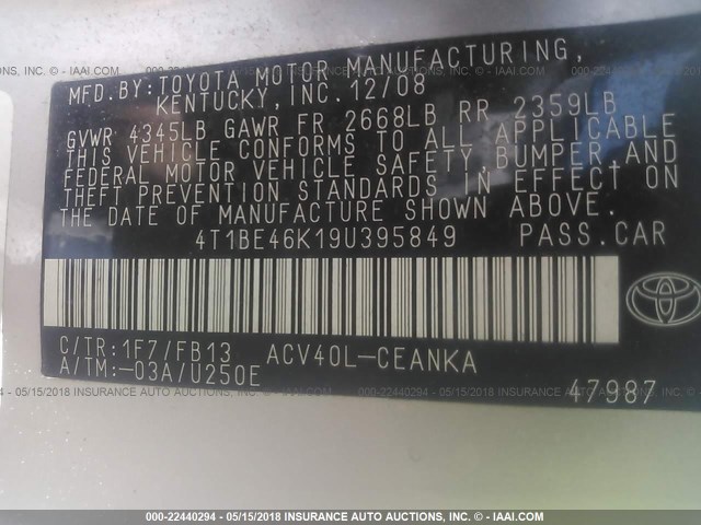 4T1BE46K19U395849 - 2009 TOYOTA CAMRY SE/LE/XLE 银色 照片 9