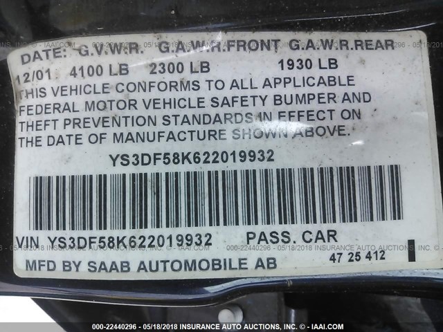 YS3DF58K622019932 - 2002 SAAB 9-3 SE BLUE photo 9