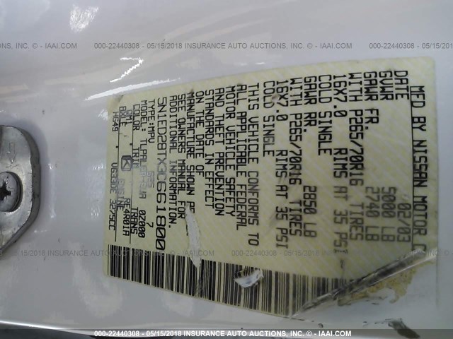 5N1ED28TX3C661800 - 2003 NISSAN XTERRA XE/SE WHITE photo 9