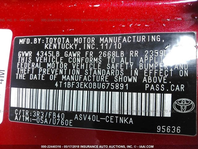 4T1BF3EK0BU675891 - 2011 TOYOTA CAMRY SE/LE/XLE 红色 照片 9