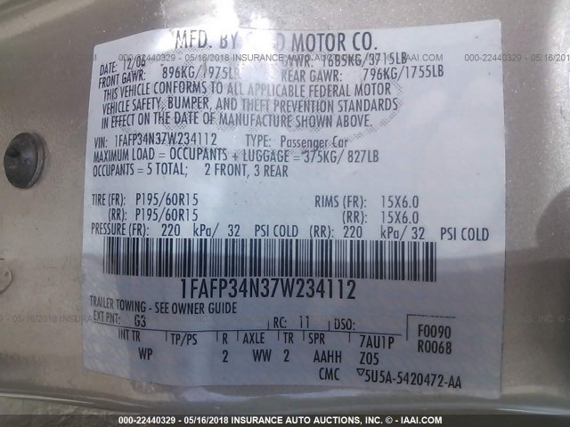 1FAFP34N37W234112 - 2007 FORD FOCUS ZX4/S/SE/SES 金色 照片 9