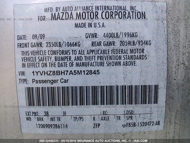 1YVHZ8BH7A5M12845 - 2010 MAZDA 6 I Srebrny zdjęcie 9