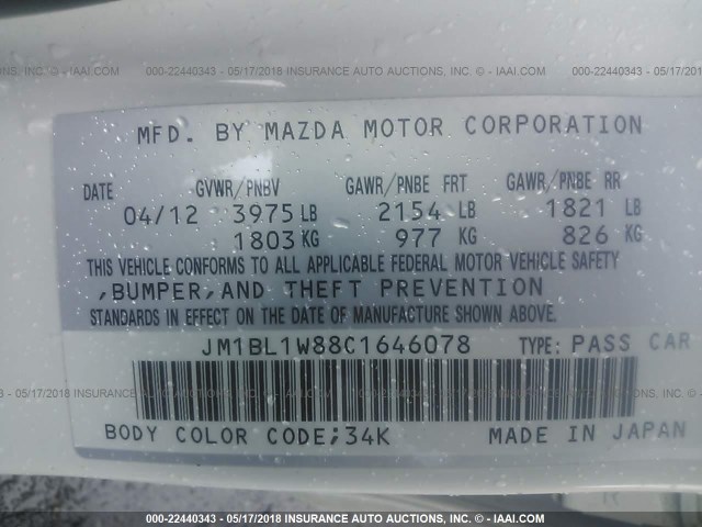 JM1BL1W88C1646078 - 2012 MAZDA 3 I WHITE photo 9