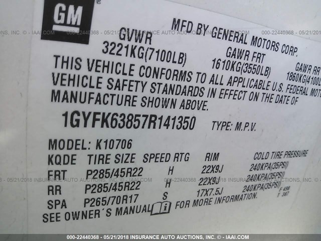 1GYFK63857R141350 - 2007 CADILLAC ESCALADE LUXURY თეთრი ფოტო 9