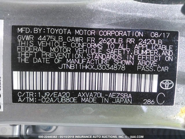 JTNB11HKXJ3034878 - 2018 TOYOTA CAMRY L/LE/XLE/SE/XSE SILVER photo 9