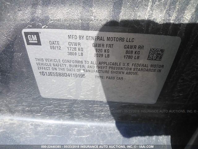 1G1JE5SB8D4119195 - 2013 CHEVROLET SONIC LTZ GRAY photo 9