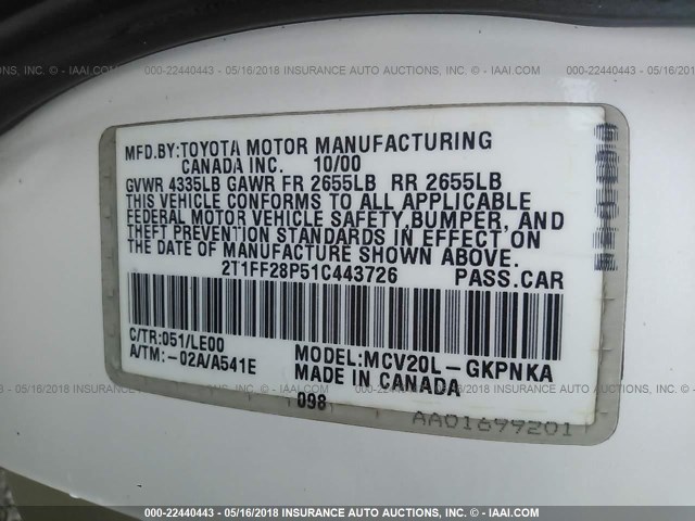 2T1FF28P51C443726 - 2001 TOYOTA CAMRY SOLARA SE/SLE 白色 照片 9