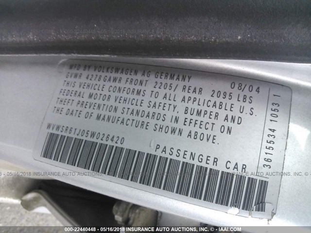 WVWSR61J05W026420 - 2005 VOLKSWAGEN JETTA GLS TDI SILVER photo 9