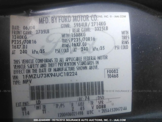 1FMZU73K94UC18224 - 2004 FORD EXPLORER XLT/XLT SPORT/NBX BLUE photo 9