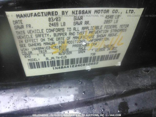 1N4BA41E24C810652 - 2004 NISSAN MAXIMA SE/SL BLACK photo 9