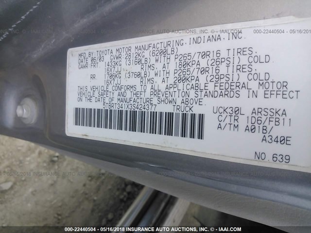 5TBRT341X3S424377 - 2003 TOYOTA TUNDRA ACCESS CAB SR5 SILVER photo 9