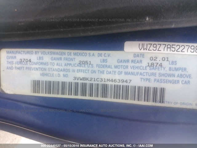 3VWBK21C31M463947 - 2001 VOLKSWAGEN NEW BEETLE GL 蓝色 照片 9