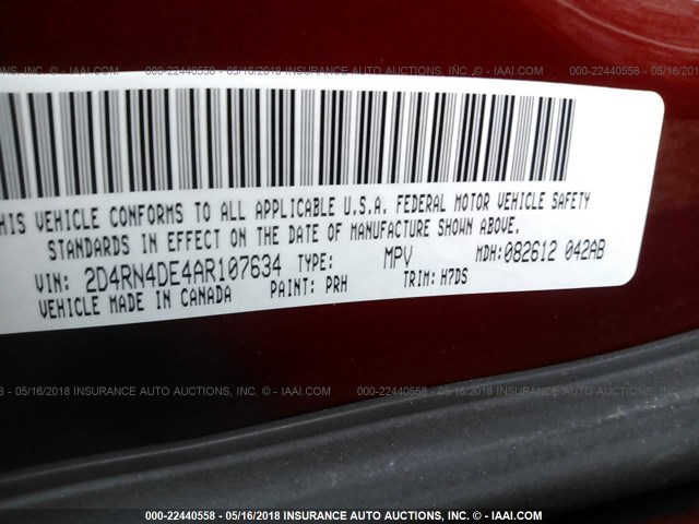 2D4RN4DE4AR107634 - 2010 DODGE GRAND CARAVAN SE RED photo 9