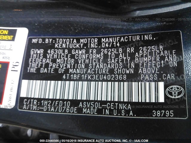 4T1BF1FK3EU402368 - 2014 TOYOTA CAMRY L/SE/LE/XLE Qara foto 9