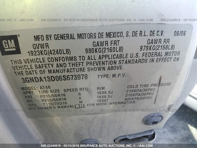 3GNDA13D06S673978 - 2006 CHEVROLET HHR LS GRAY photo 9