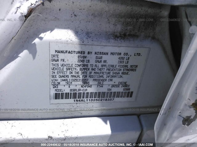 1N4AL11D25C218357 - 2005 NISSAN ALTIMA S/SL WHITE photo 9