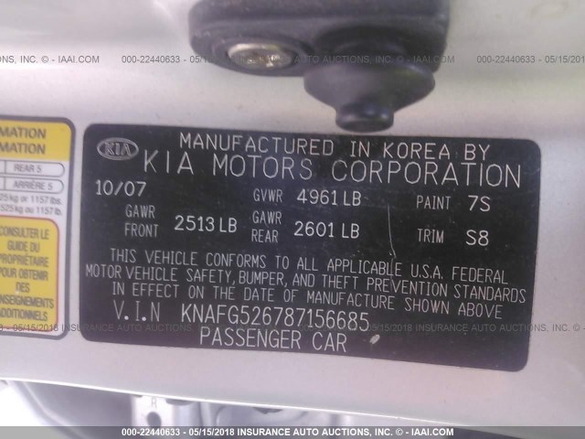 KNAFG526787156685 - 2008 KIA RONDO LX/EX SILVER photo 9