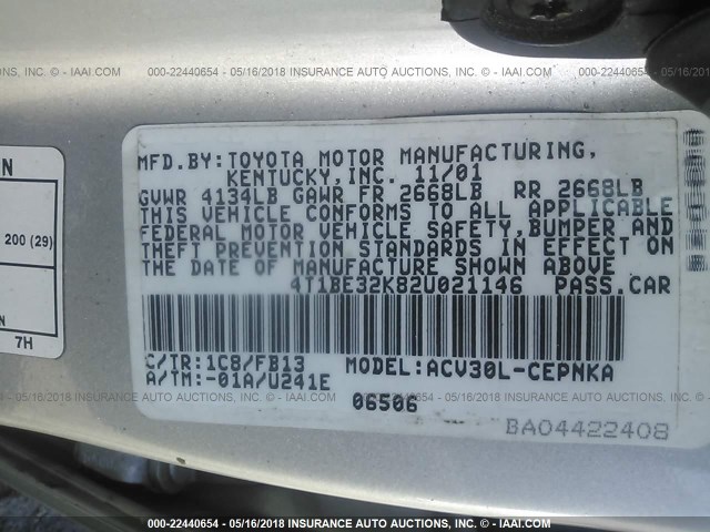 4T1BE32K82U021146 - 2002 TOYOTA CAMRY LE/XLE/SE SILVER photo 9