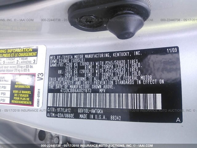 4T3ZK3BB6AU021613 - 2010 TOYOTA VENZA SILVER photo 9