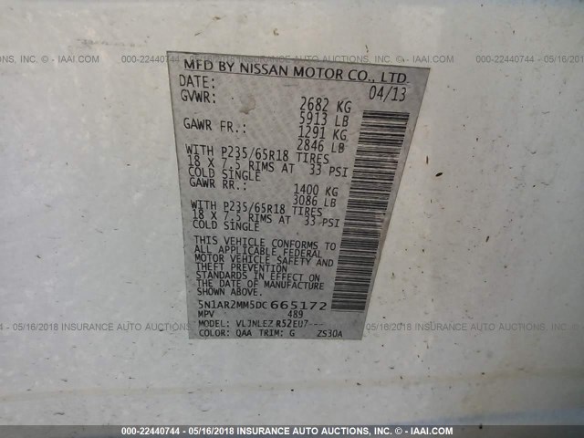 5N1AR2MM5DC665172 - 2013 NISSAN PATHFINDER S/SV/SL/PLATINUM 白色 照片 9