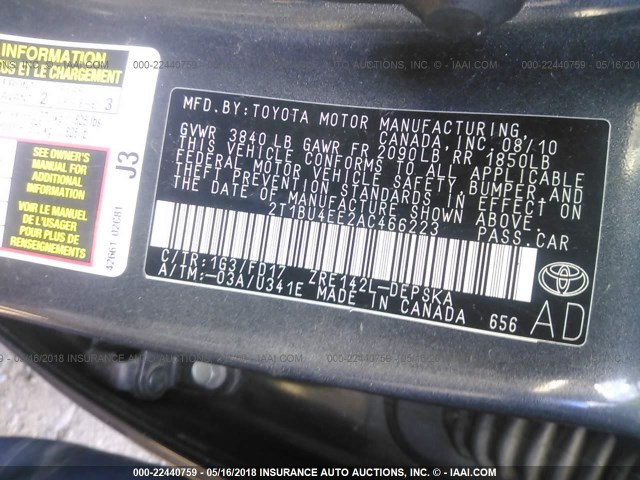 2T1BU4EE2AC466223 - 2010 TOYOTA COROLLA S/LE/XLE BLACK photo 9