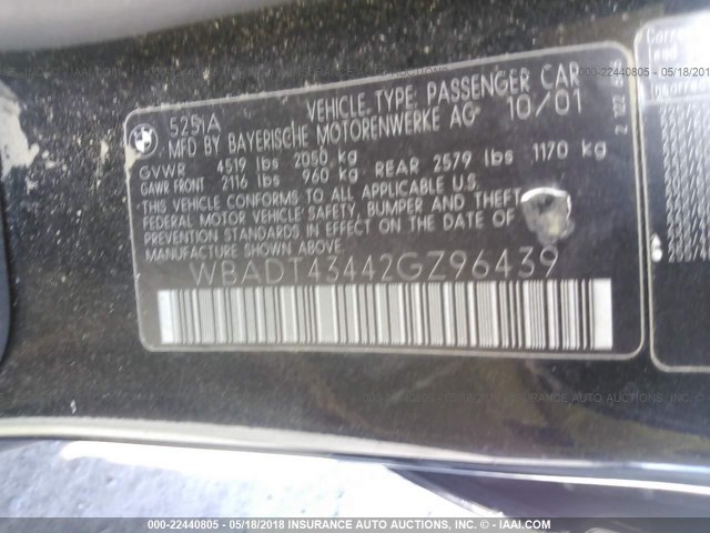 WBADT43442GZ96439 - 2002 BMW 525 I AUTOMATIC BLACK photo 9