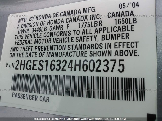 2HGES16324H602375 - 2004 HONDA CIVIC DX VP SILVER photo 9