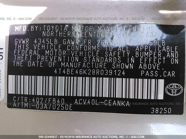 4T4BE46K28R039124 - 2008 TOYOTA CAMRY CE/LE/XLE/SE BEIGE photo 9