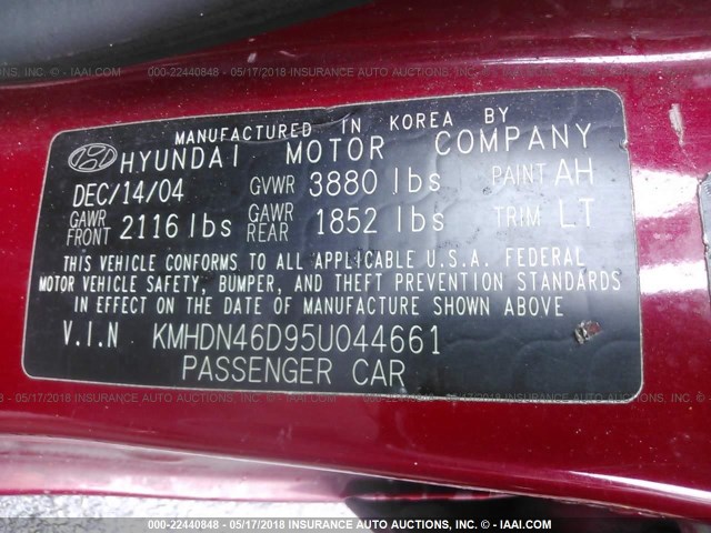 KMHDN46D95U044661 - 2005 HYUNDAI ELANTRA GLS/GT RED photo 9