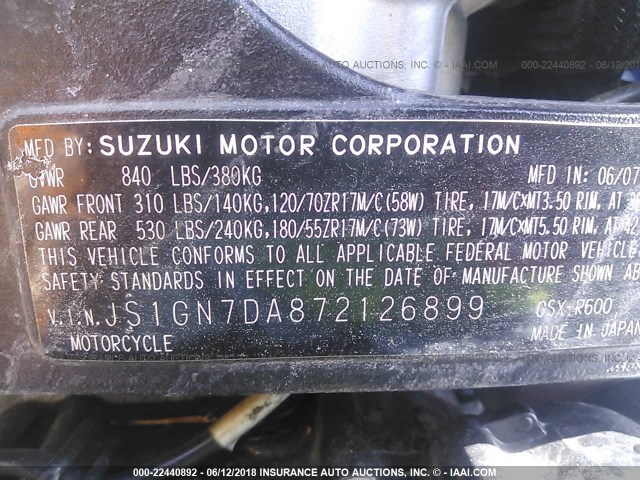 JS1GN7DA872126899 - 2007 SUZUKI GSX-R600 BLACK photo 10