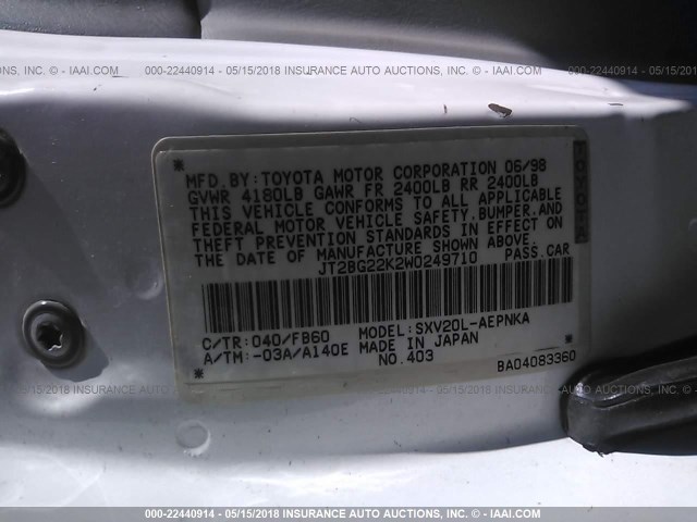 JT2BG22K2W0249710 - 1998 TOYOTA CAMRY CE/LE/XLE 白色 照片 9