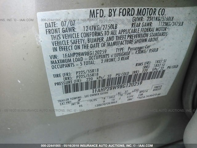 1FAHP28W98G120259 - 2008 FORD TAURUS LIMITED SILVER photo 9