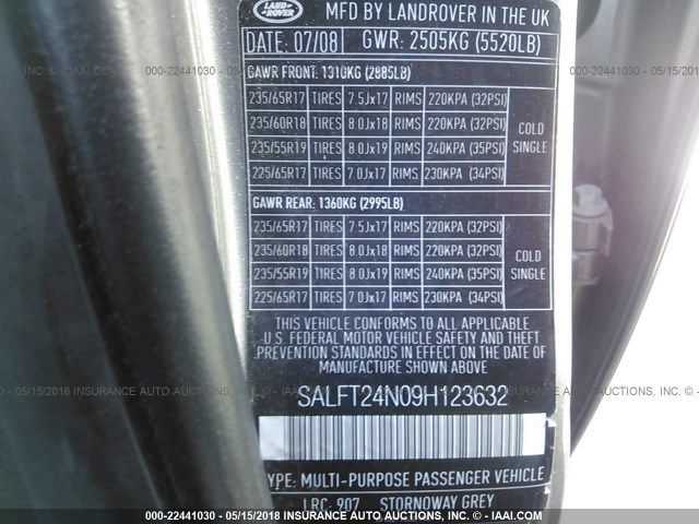 SALFT24N09H123632 - 2009 LAND ROVER LR2 HSE TECHNOLOGY GRAY photo 9