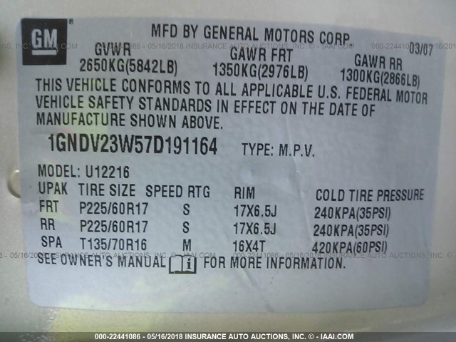 1GNDV23W57D191164 - 2007 CHEVROLET UPLANDER LS 米色 照片 9