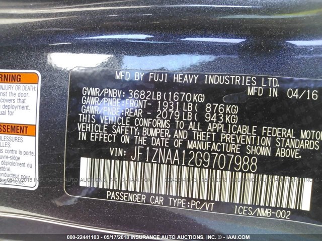 JF1ZNAA12G9707988 - 2016 TOYOTA SCION FR-S BLACK photo 9