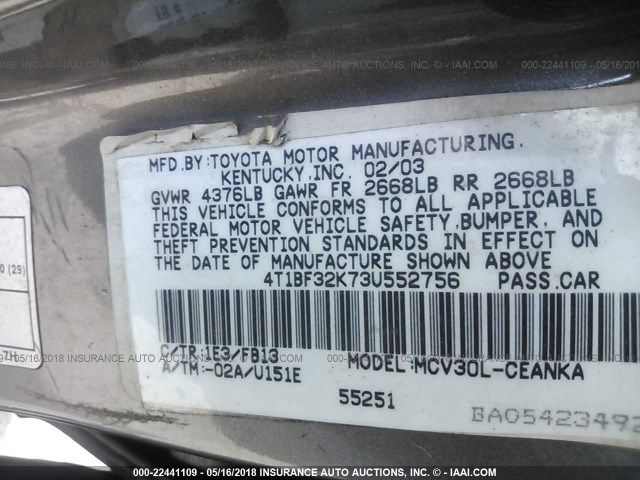 4T1BF32K73U552756 - 2003 TOYOTA CAMRY LE/XLE/SE GRAY photo 9