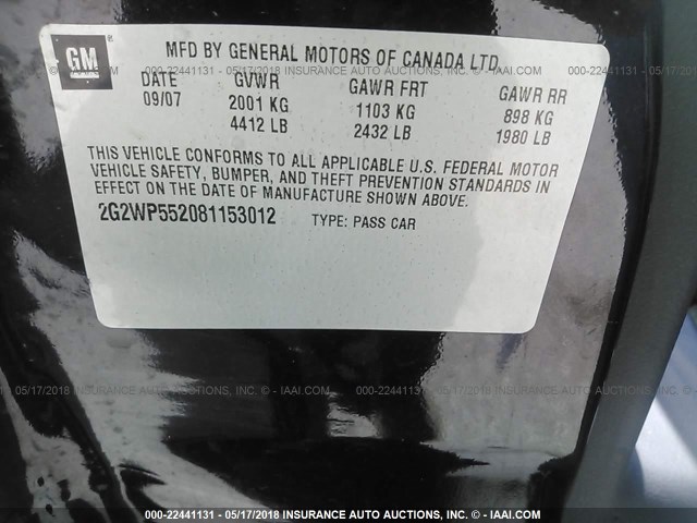 2G2WP552081153012 - 2008 PONTIAC GRAND PRIX BLACK photo 9