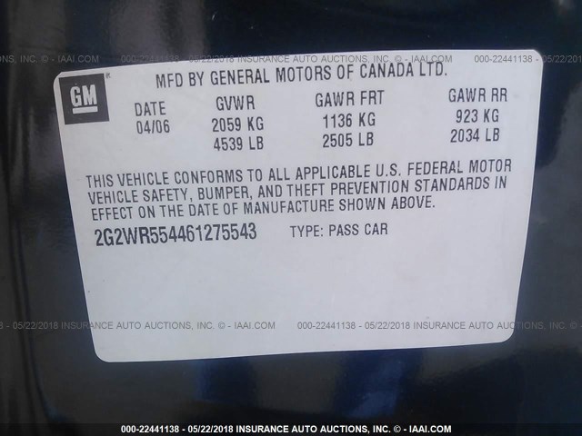 2G2WR554461275543 - 2006 PONTIAC GRAND PRIX GT BLUE photo 9