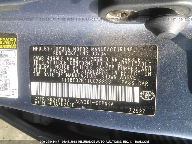 4T1BE32K14U879853 - 2004 TOYOTA CAMRY LE/XLE/SE ღია ლურჯი ფოტო 9