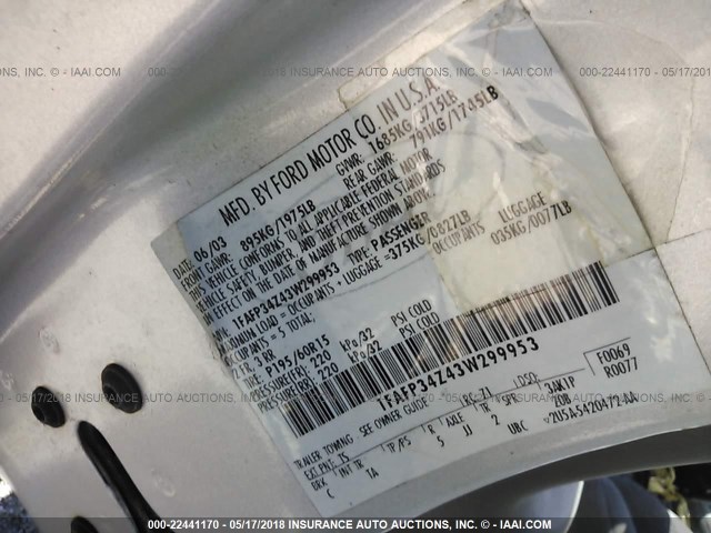 1FAFP34Z43W299953 - 2003 FORD FOCUS SE COMFORT/SE SPORT SILVER photo 9