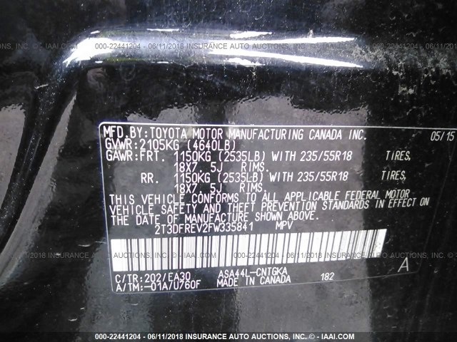 2T3DFREV2FW335841 - 2015 TOYOTA RAV4 LIMITED Qara foto 9