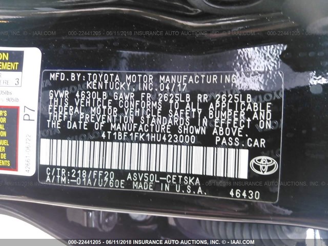 4T1BF1FK1HU423000 - 2017 TOYOTA CAMRY LE/XLE/SE/XSE შავი ფოტო 9