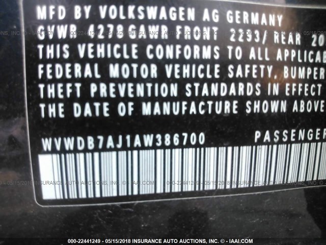 WVWDB7AJ1AW386700 - 2010 VOLKSWAGEN GOLF 蓝色 照片 9