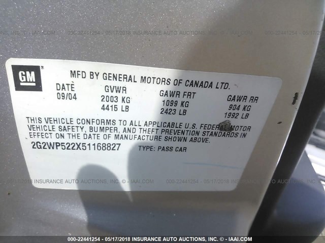 2G2WP522X51168827 - 2005 PONTIAC GRAND PRIX 银色 照片 9