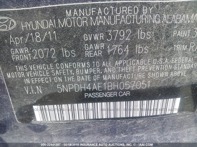 5NPDH4AE1BH057051 - 2011 HYUNDAI ELANTRA GLS/LIMITED BLUE photo 9