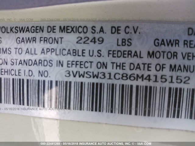 3VWSW31C86M415152 - 2006 VOLKSWAGEN NEW BEETLE 2.5L OPTION PACKAGE 2 BEIGE photo 9