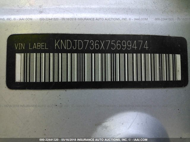 KNDJD736X75699474 - 2007 KIA SORENTO EX/LX SILVER photo 9