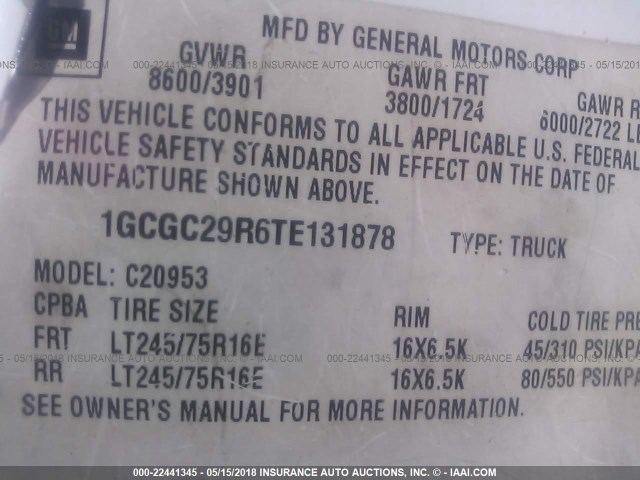 1GCGC29R6TE131878 - 1996 CHEVROLET GMT-400 C2500 WHITE photo 9